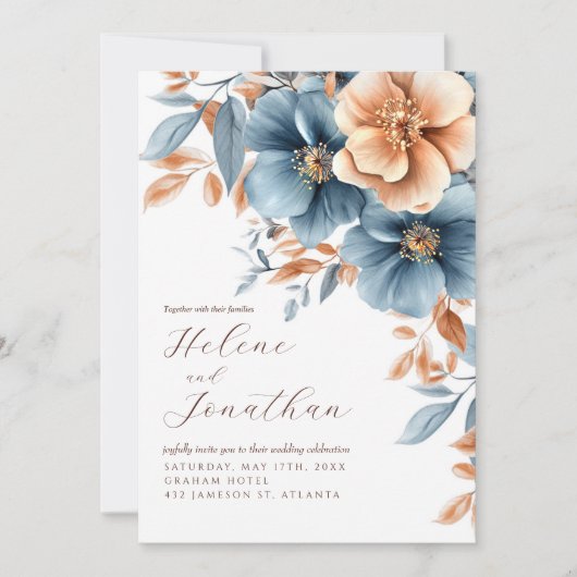 すべて一つのほこりっぽいエレガント青いテラコッタ結婚の 招待状 (正面)