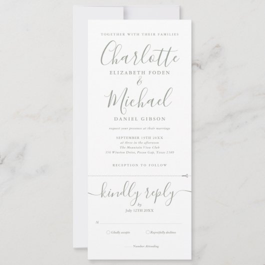 すべて一つのセージの緑エレガントのスクリプ結婚ト 招待状 (正面)