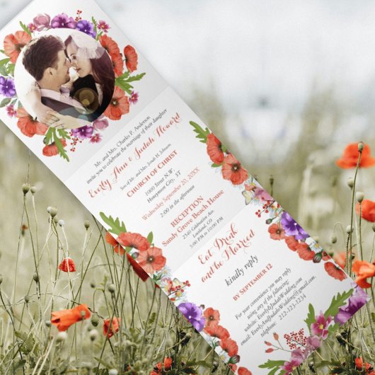 すべて一つの赤いポピー紫ピンクのフローラ結婚 三つ折り招待状