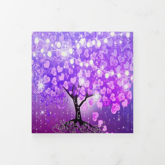 すべて一つエレガントの紫色のハートの結婚葉 三つ折り招待状 (カバー)