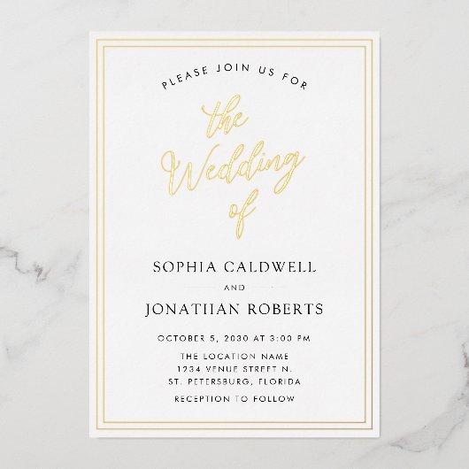 すべて実在の金ゴールド結婚書 箔招待状 (正面)