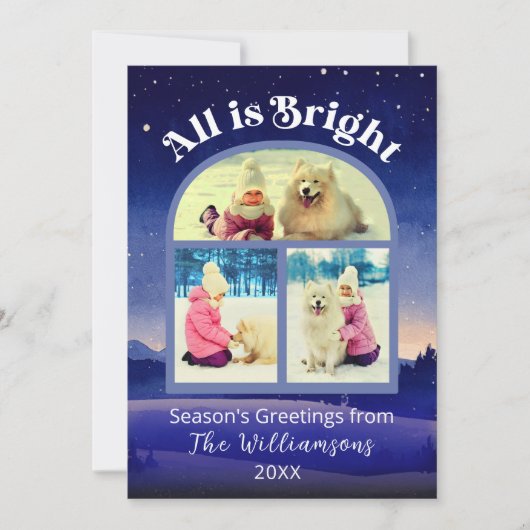 すべて明るい3フォトウォーターカラークリスマスファミリー シーズンカード (正面)