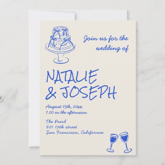 すべて片手に描いた青いケーキの弓結婚の 招待状 (正面)