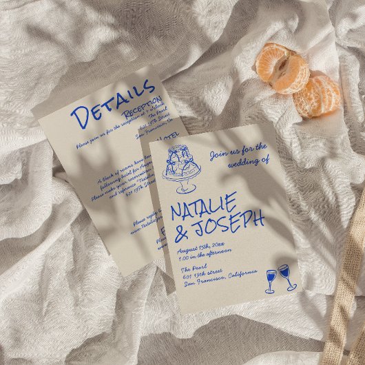 すべて片手に描いた青いケーキの弓結婚の 招待状