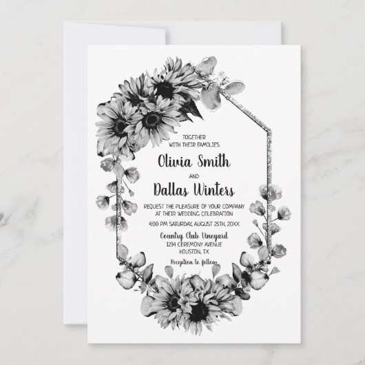 すべて白黒のひまわり結婚の 招待状 (正面)