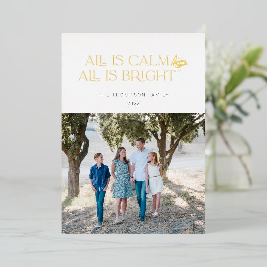 すべて穏やかである全て明るいクリスマスデザイン白 箔シーズンカード (立ち正面)