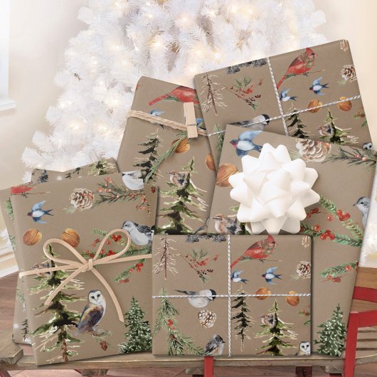 すべて素朴をクラフトウッドランド冬の鳥 ラッピングペーパーシート
