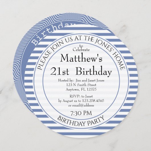 すべて航海のの年予測できな齢の青/白ストライプの 招待状 (正面/裏面)