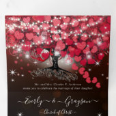 すべて赤エレガントとピンクのハートリーフ結婚のT 三つ折り招待状 (内部最初)