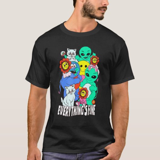 すべて順調エイリアン猫かわいい花 Tシャツ (正面)