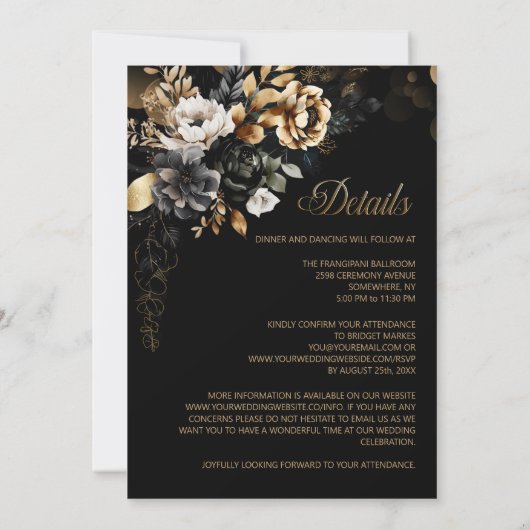 すべて1つのムーディ金ゴールドフローラブラック結婚 招待状 (裏面)