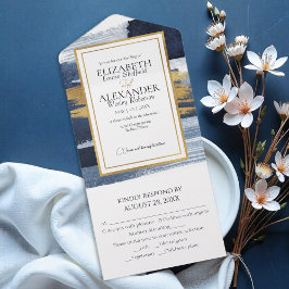 すべて1つの結婚式招待状 |抽象芸術青 オールインワン招待状