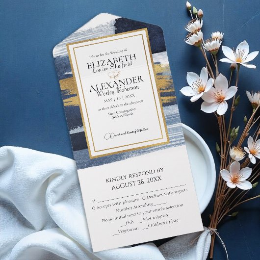 すべて1つの結婚式招待状 |抽象芸術青 オールインワン招待状