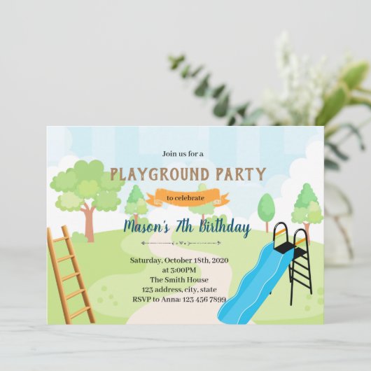 すべり台と階段の誕生日テーマ 招待状 (スタンド正面)