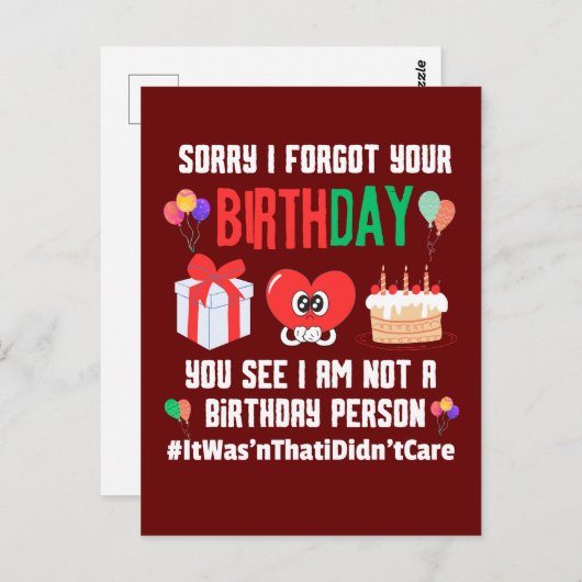 すみません、誕生日を忘れました。誕生日を祝うタイプの人間じゃないんです。 ポストカード (正面/裏面)