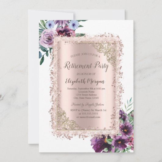 すみれの花のラメフレーム、ローズゴールドの退職記念 招待状 (正面)
