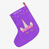 すみれ色のユニコーンの花と星 ラージクリスマスストッキング (裏面 (吊り時))