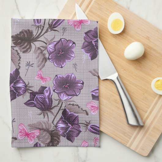 すみれ色の振鈴およびピンクの蝶パターン キッチンタオル (四つ折り)