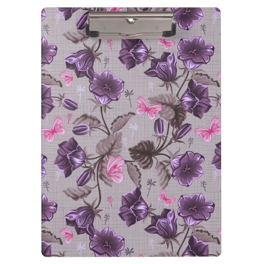 すみれ色の振鈴およびピンクの蝶パターン クリップボード (正面)