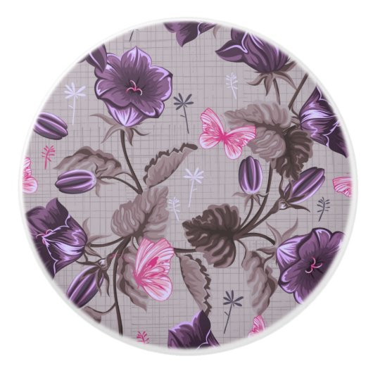 すみれ色の振鈴およびピンクの蝶パターン セラミックノブ (正面)