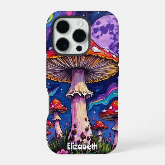 すみれ色の月の光に照らされたキノコ iPhoneケース (裏面)