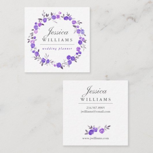 すみれ色の水彩画のバラのリースの名刺 スクエア名刺 (正面/裏面)