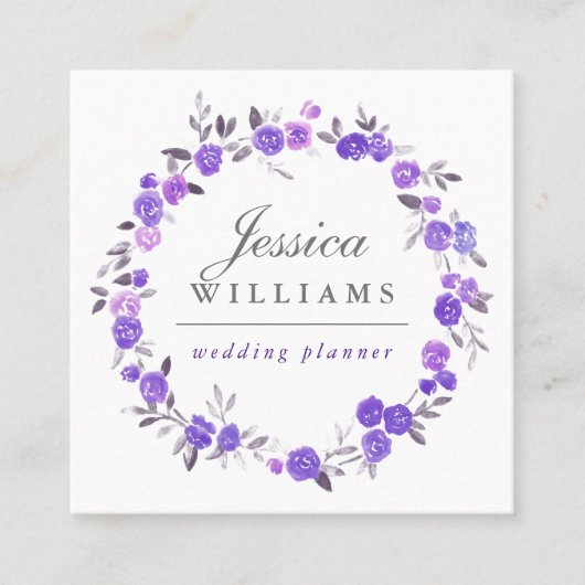 すみれ色の水彩画のバラのリースの名刺 スクエア名刺 (正面)