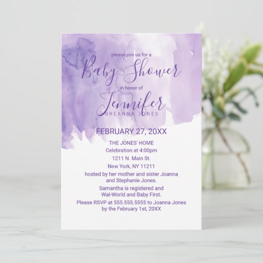 すみれ色の紫色の水彩画のしぶきのベビーシャワー 招待状 (スタンド正面)