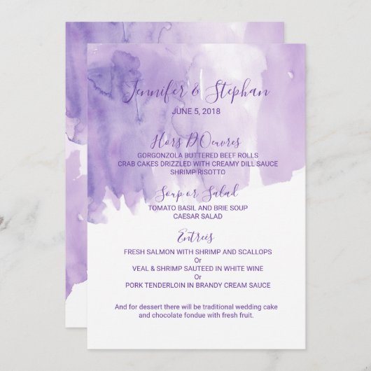 すみれ色の紫色の水彩画のしぶきの結婚式メニュー メニュー (正面/裏面)