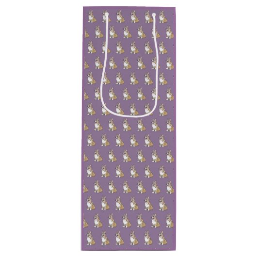 すみれ色の背景にかわいいコルギ犬の柄 ワインギフトバッグ (正面)