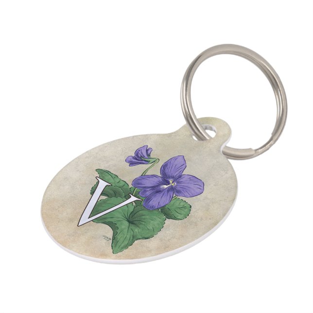 すみれ色の花のアルファベットのモノグラムのためのV ペット　ネームタグ (側面)