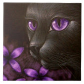 すみれ色の花のタイルを持つ黒猫 タイル (正面)