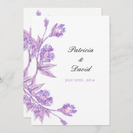 すみれ色の花の水彩画の結婚式 招待状 (正面/裏面)