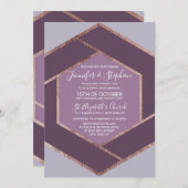 すみれ色の薄紫の紫色のバラの金ゴールドの六角形の結婚式 招待状 (正面/裏面)