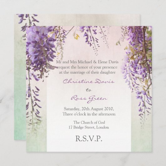 すみれ色の藤の名前入りな結婚式招待状 招待状 (正面/裏面)