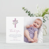 すみれ色の赤面の十字および花|の写真の洗礼 サンキューカード (スタンド正面)