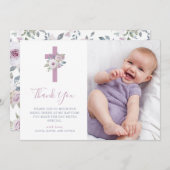すみれ色の赤面の十字および花|の写真の洗礼 サンキューカード (正面/裏面)