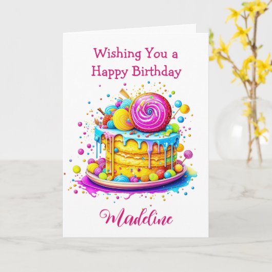 すりお洒落つきケーキパーソナライズされた誕生日 カード (黄色い花)