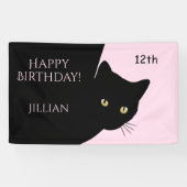 ずるそうな黒猫ピンクのハッピーバースデー、年齢と名前 横断幕 (横)