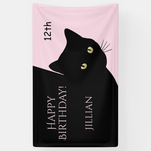 ずるそうな黒猫ピンクのハッピーバースデー、年齢と名前 横断幕 (縦)