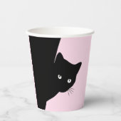 ずるそうな黒猫ピンクのハッピーバースデー、年齢と名前 紙コップ (正面)