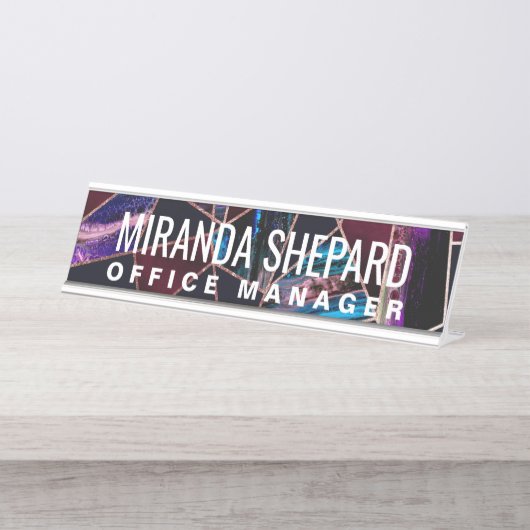 ぜいたくなバラ金ゴールド液絵を描大理石ジオメトリ デスクネームプレート (正面)