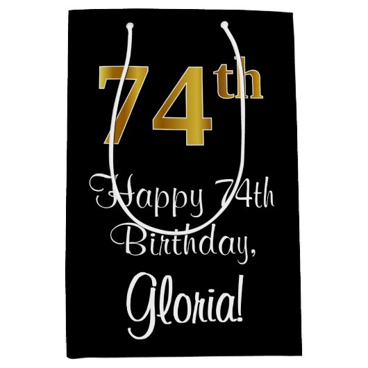 ぜいたく、エレガント金ゴールドルフェイクック74誕生日 ミディアムペーパーバッグ (正面)