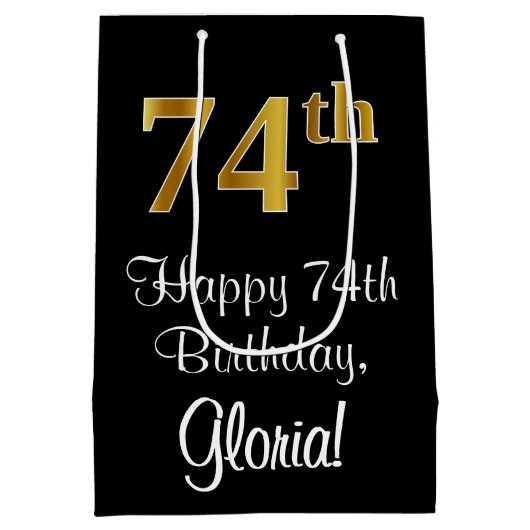 ぜいたく、エレガント金ゴールドルフェイクック74誕生日 ミディアムペーパーバッグ (裏面)