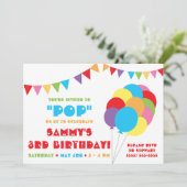 ぜひお越しください！お誕生日おめでとう！虹色の風船とガーランド 招待状 (スタンド正面)