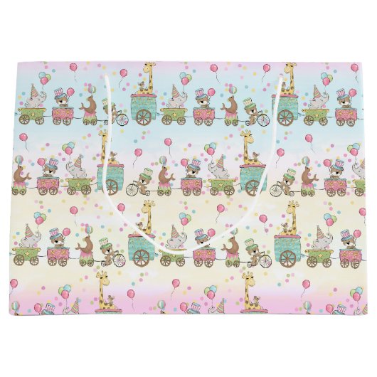 そうかわいいベビーの動物のサーカスの列車くま象 ラージペーパーバッグ (正面)