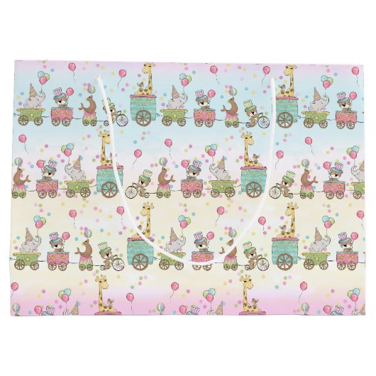 そうかわいいベビーの動物のサーカスの列車くま象 ラージペーパーバッグ (裏面)