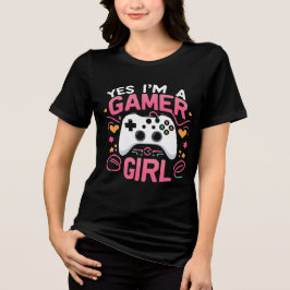 そう、私はゲーマー女子です: ピンクとホワイトのコントローラー トライブレンドTシャツ