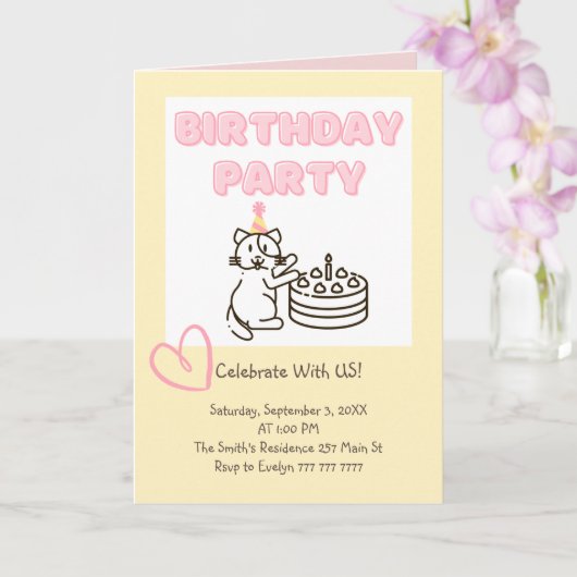 そしておもしろいかわいい猫&ケーキ誕生日招待状 カード (蘭)