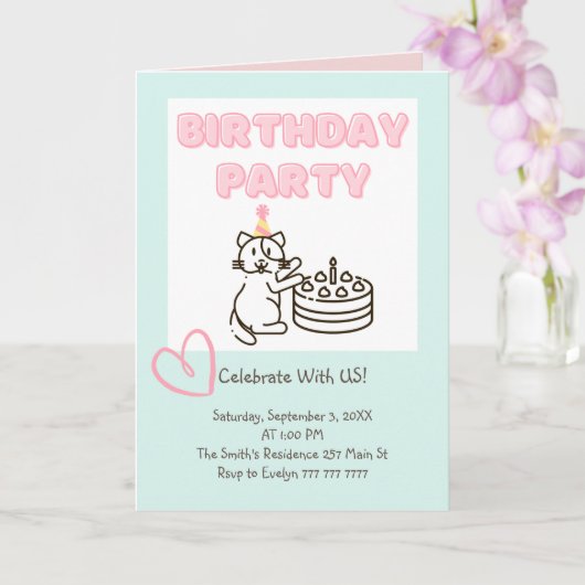 そしておもしろいかわいい猫&ケーキ誕生日招待状 カード (蘭)